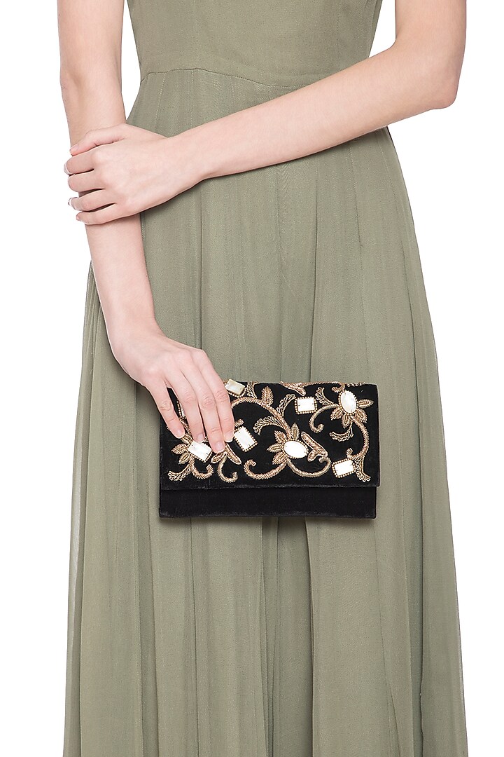 Black embroidered velvet clutch bag by PRACCESSORII at Pernia's Pop Up Shop