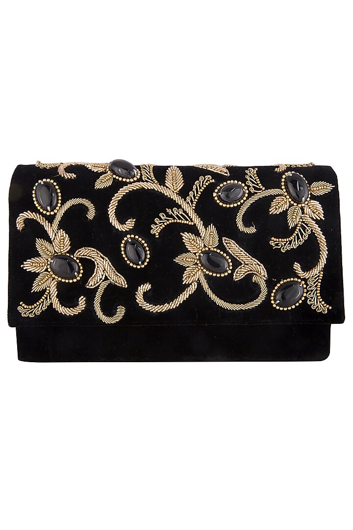 Black embroidered flap over clutch bag by PRACCESSORII at Pernia's Pop Up Shop
