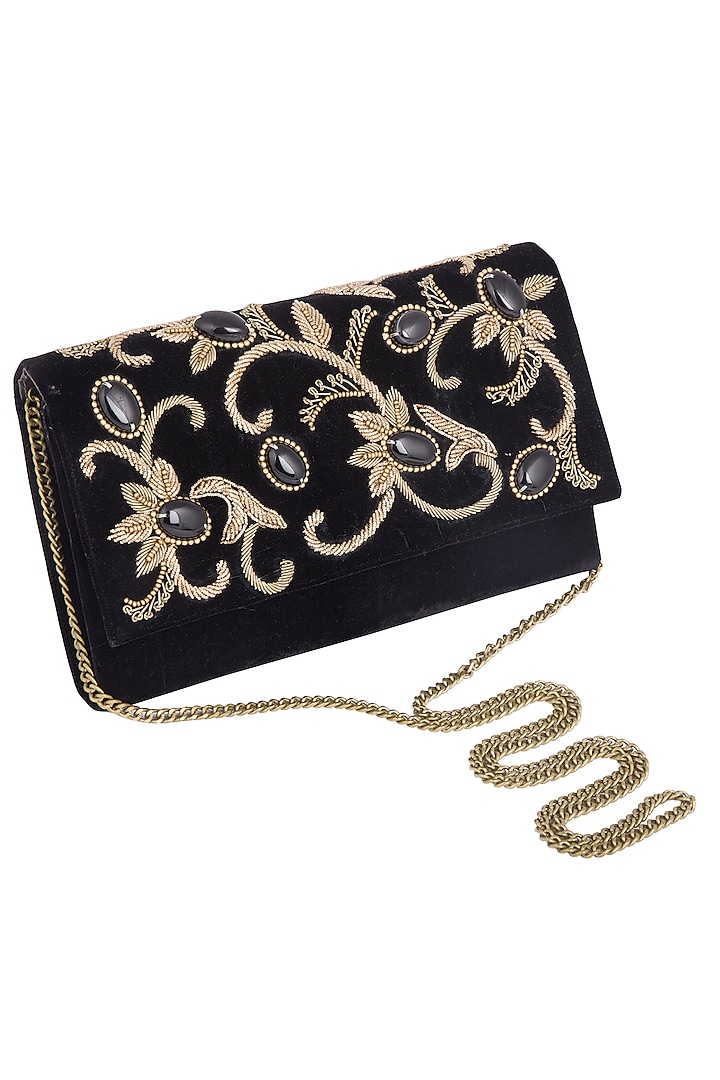 Black embroidered flap over clutch bag by PRACCESSORII