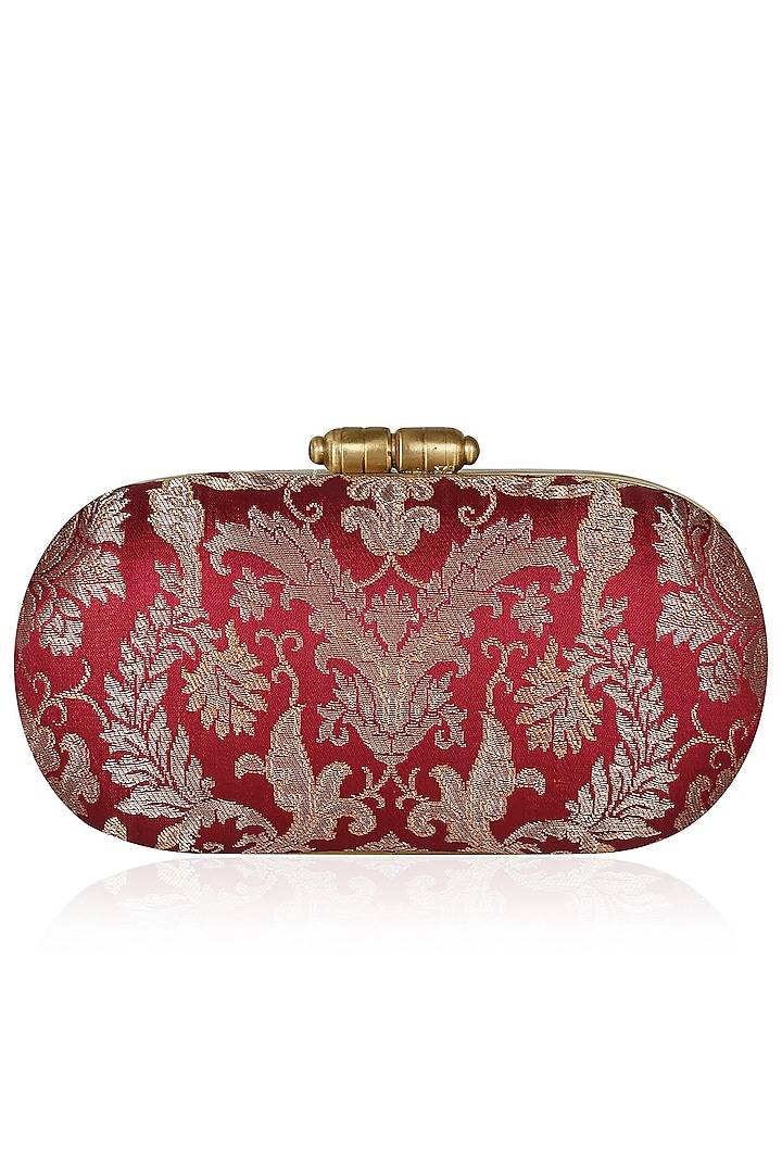 Maroon and Gold Floral Pure Brocade Capsule Minaudiere by PRACCESSORII