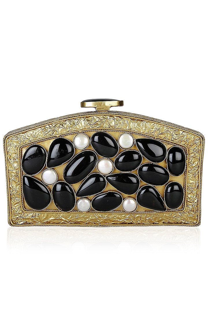 Gold Coin Pearl and Black Onyx Rectangle Semi Circle Minaudiere by PRACCESSORII