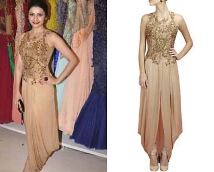 Gold embroidered pre stitch dhoti gown with churidaar available only at Pernia's Pop-Up Shop.