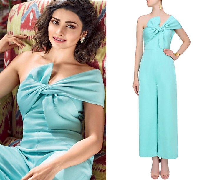Aqua blue bow tie up off shoulder jumpsuit available only at Pernia's Pop Up Shop.