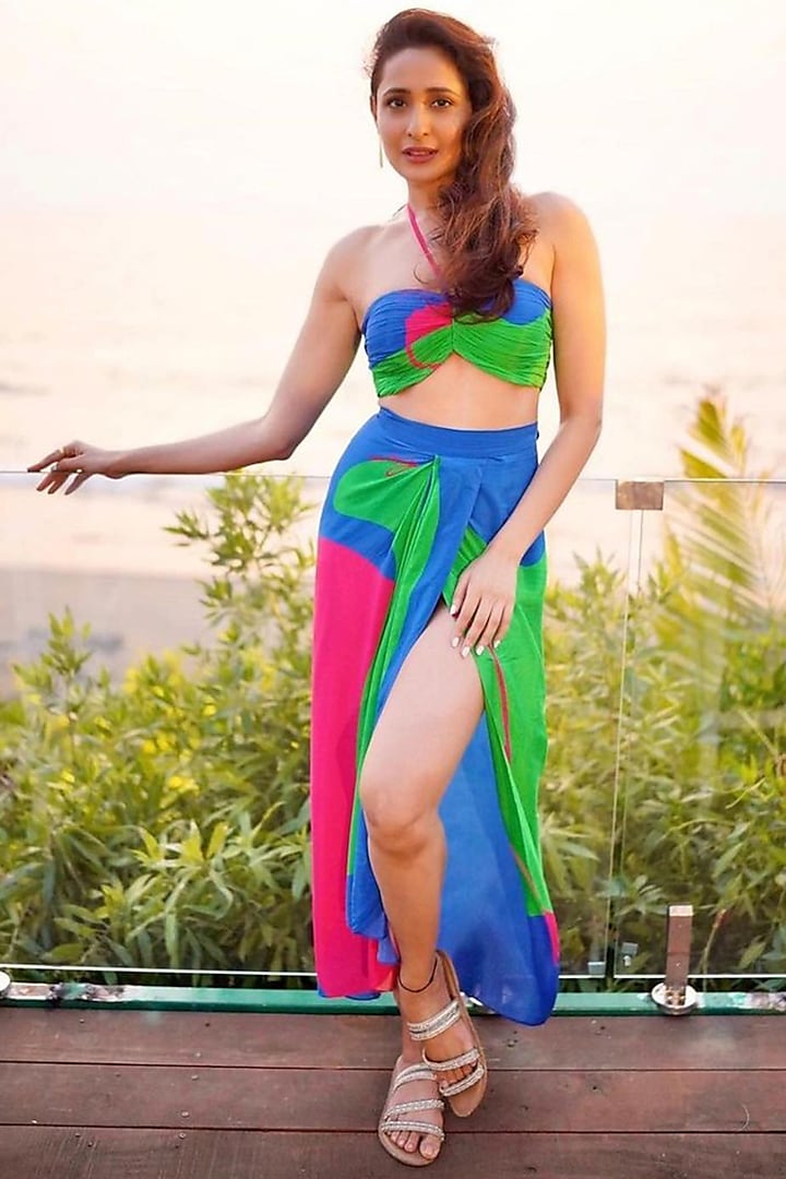 Multi-Colored Natural Crepe Wrap Skirt Set by Nautanky By Nilesh Parashar
