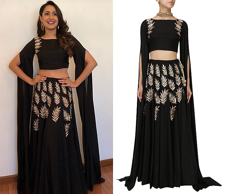 Black embroidered cape sleeves crop top and lehenga set available only at Pernia's Pop Up Shop.