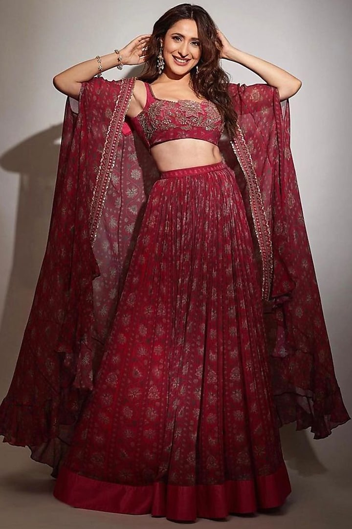 Fuchsia Printed & Embroidered Lehenga Set With Cape by Ridhi Mehra