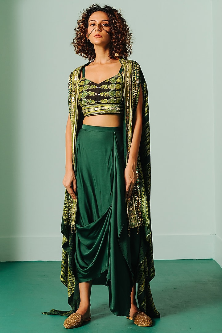 Green Satin Draped Skirt Set by Prahnaaya