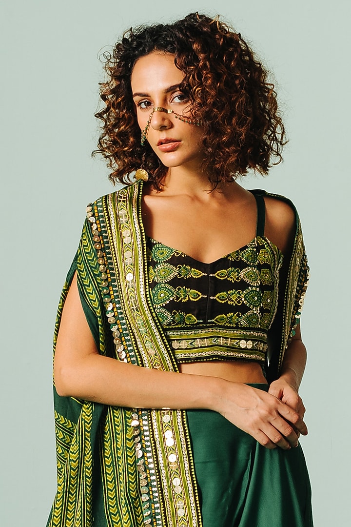 Green Satin Draped Skirt Set by Prahnaaya at Pernia's Pop Up Shop