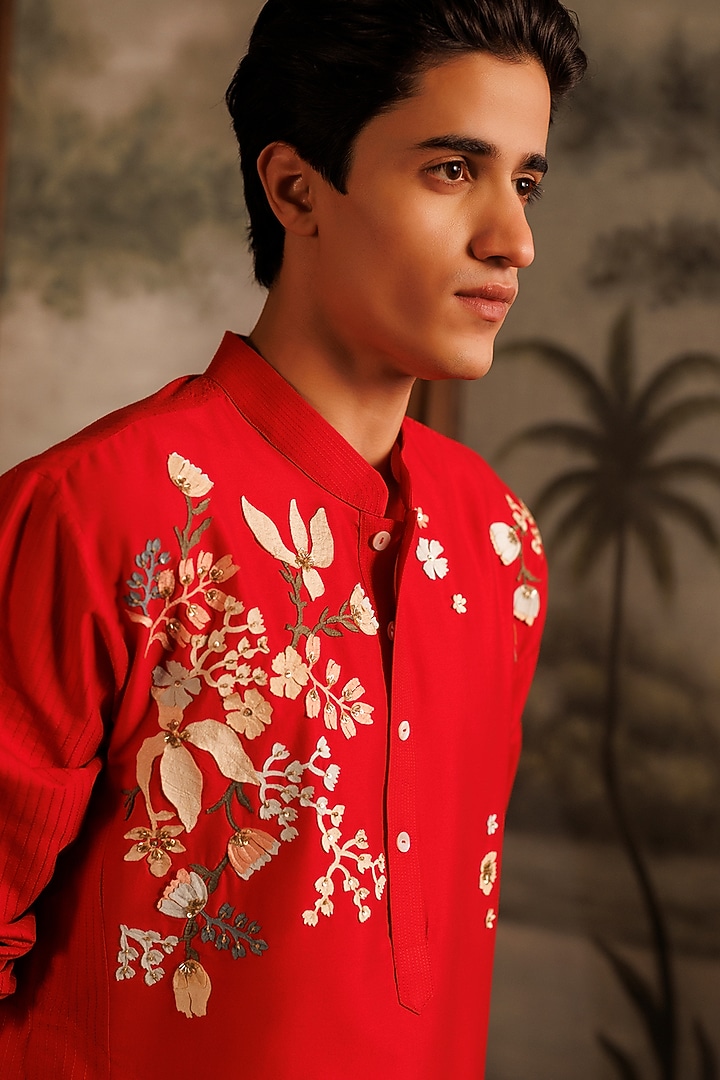 Red Katan Silk Laser-Cut Embroidered Kurta Set by Sahil Kochhar Men at Pernia's Pop Up Shop