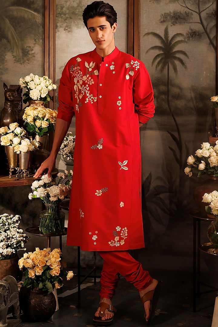 Red Katan Applique Embroidered Kurta Set by Sahil Kochhar Men