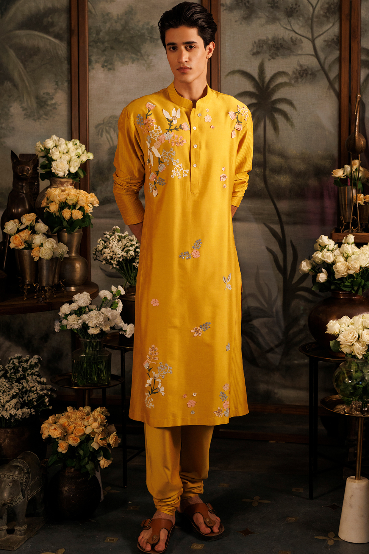 Mustard Katan Applique Hand Embroidered Kurta Set by Sahil Kochhar Men at Pernia's Pop Up Shop