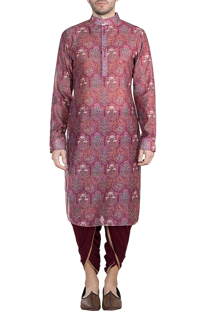 Dull Pink Printed Mughal Kurta by Pranay Baidya Men at Pernia's Pop Up Shop