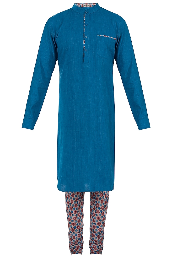 Blue Printed Kurta Set by Pranay Baidya Men at Pernia's Pop Up Shop