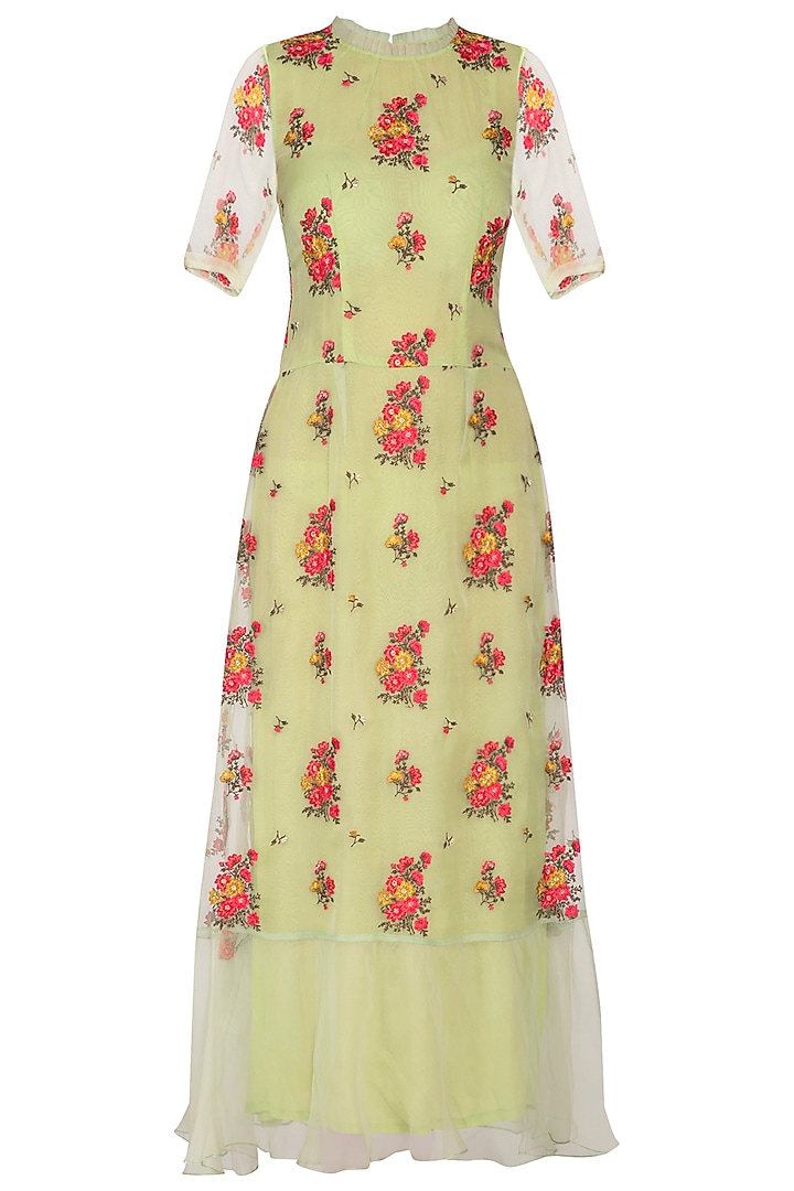 Green Embroidered Maxi Vacation Dress by Pranay Baidya at Pernia's Pop Up Shop