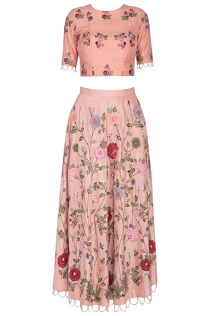 Peach Embroidered Skirt With Top by Pranay Baidya