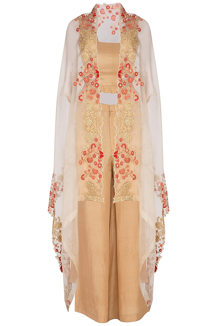 Beige Embroidered Cape With Pants & Top by Pranay Baidya