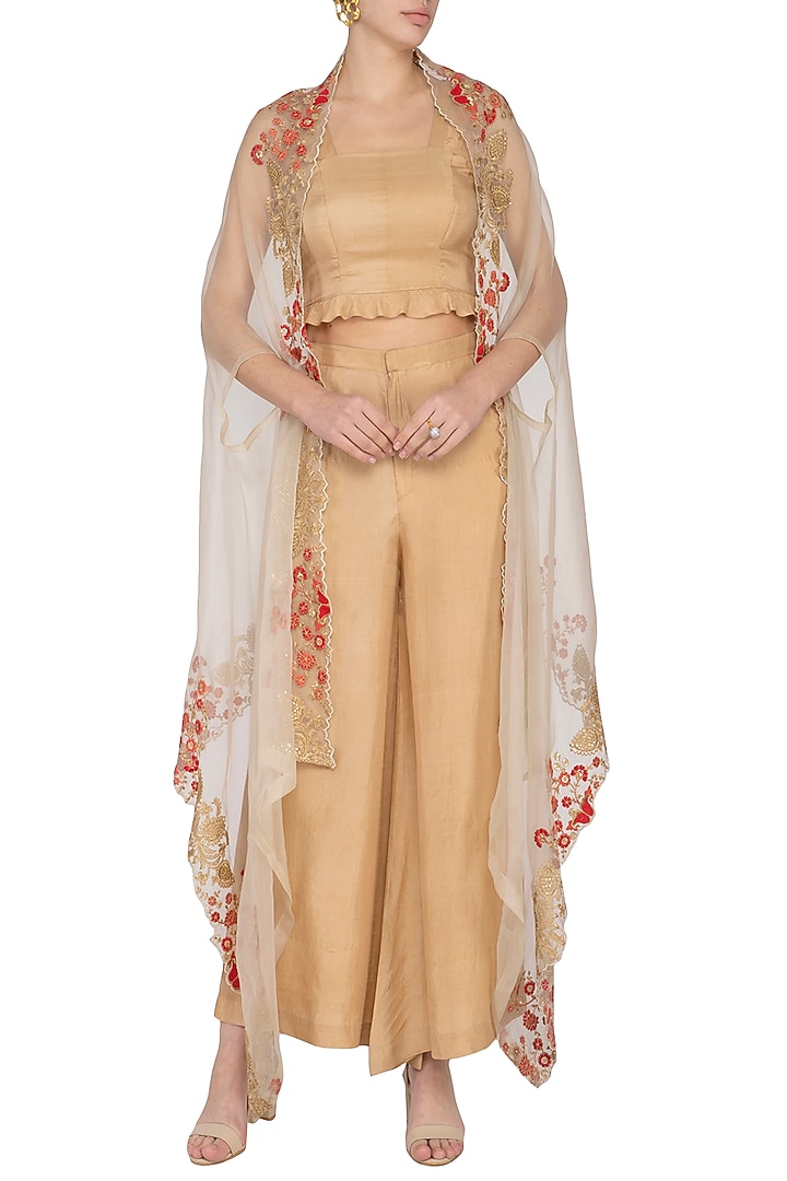 Beige Embroidered Cape With Pants & Top by Pranay Baidya at Pernia's Pop Up Shop