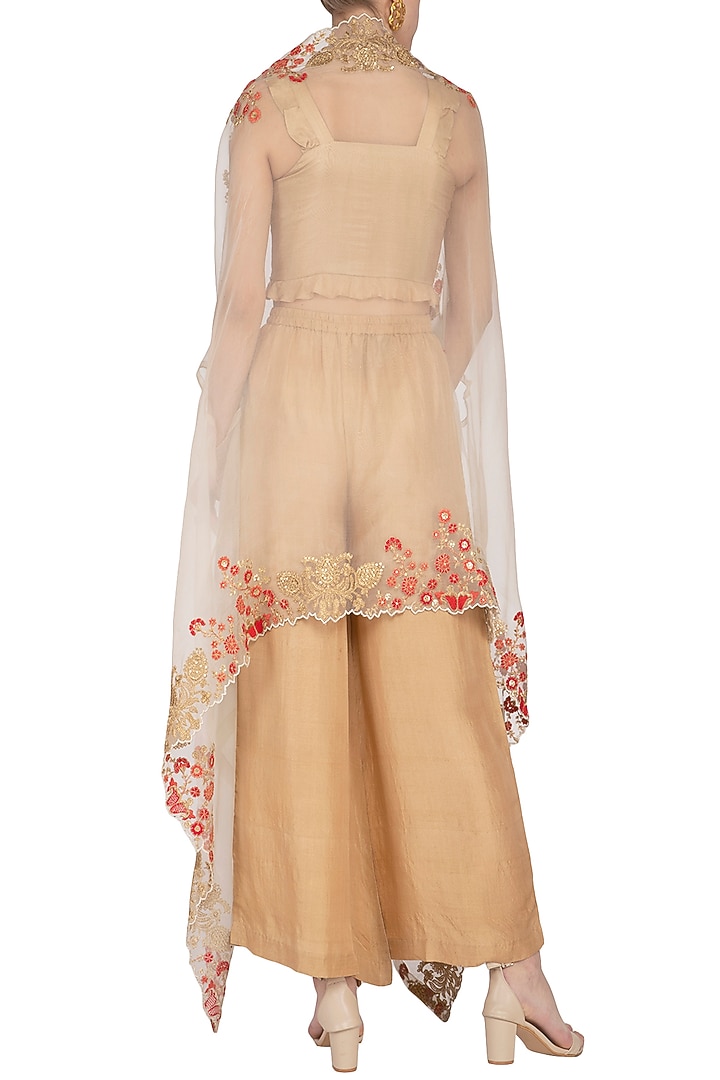 Beige Embroidered Cape With Pants & Top by Pranay Baidya at Pernia's Pop Up Shop
