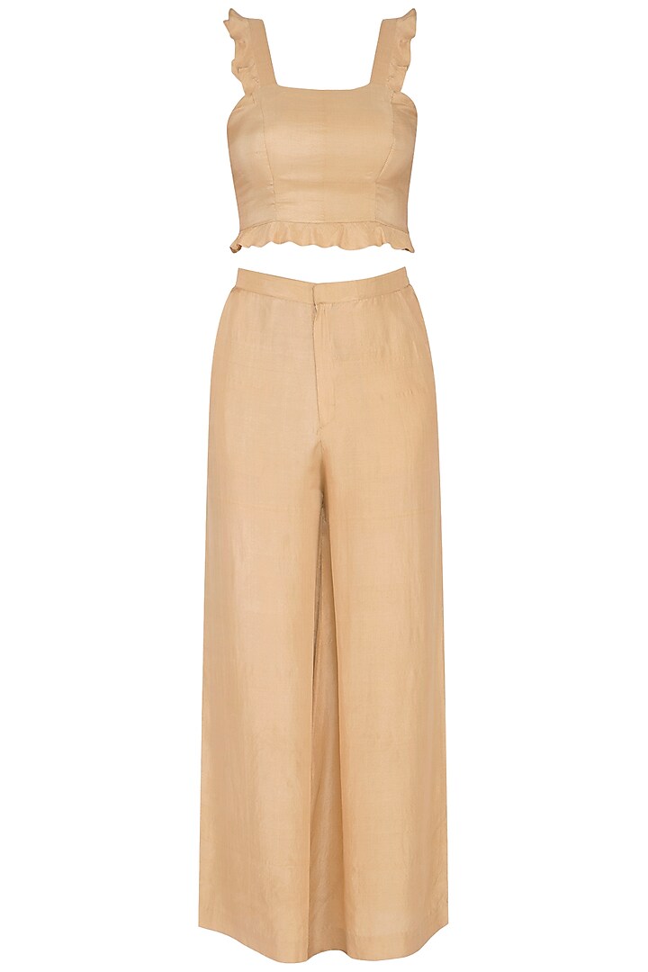 Beige Embroidered Cape With Pants & Top by Pranay Baidya at Pernia's Pop Up Shop