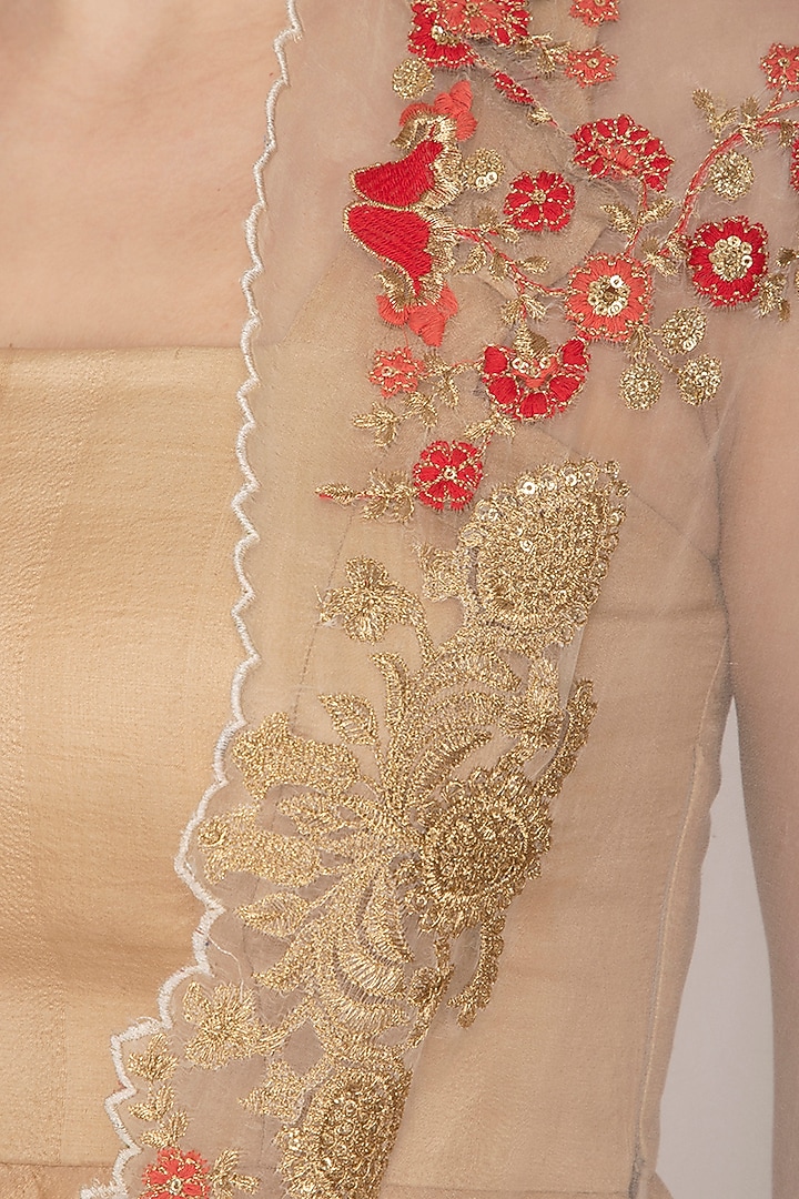 Beige Embroidered Cape With Pants & Top by Pranay Baidya at Pernia's Pop Up Shop