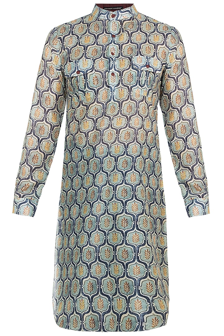 Blue & Mint Green Printed Pathani Kurta by Pranay Baidya Men at Pernia's Pop Up Shop
