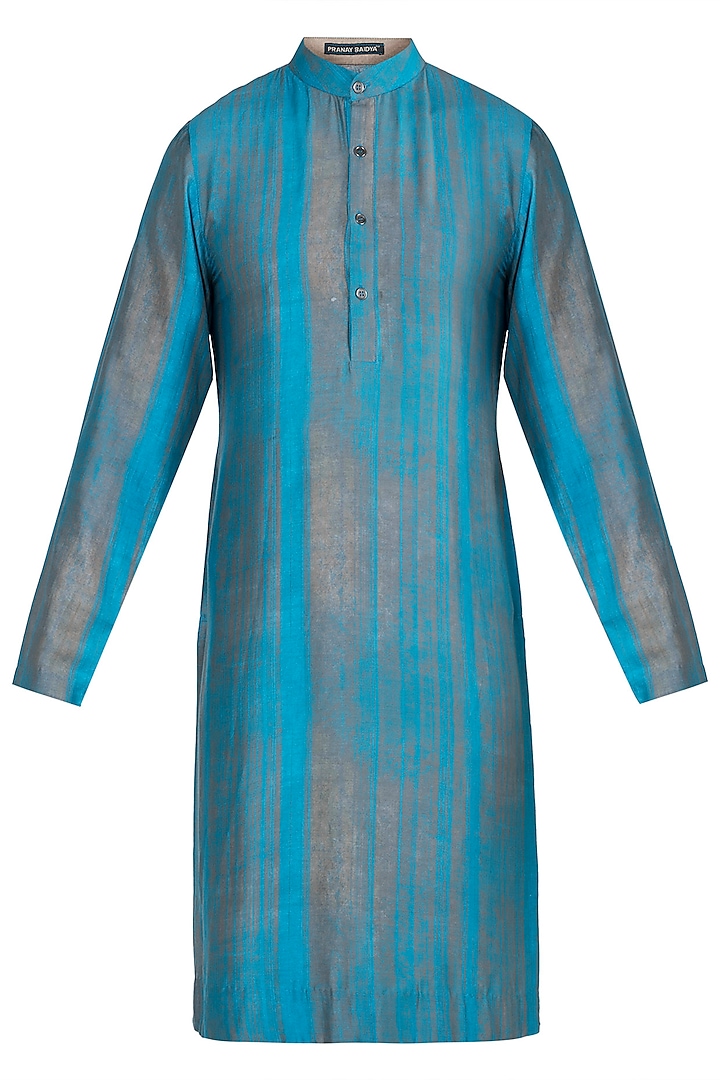 Turquoise blue striped kurta by Pranay Baidya Men