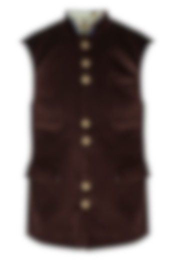 Brown Cotton Velvet Nehru Jacket by Pranay Baidya Men at Pernia's Pop Up Shop