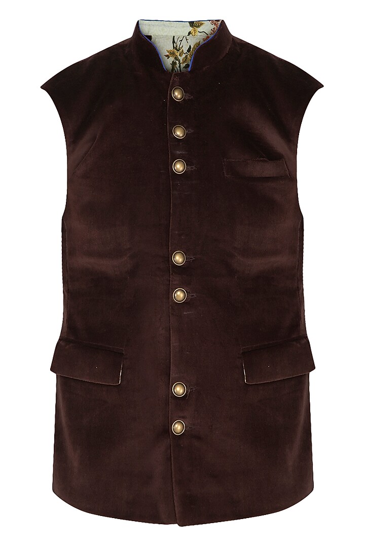 Brown Cotton Velvet Nehru Jacket by Pranay Baidya Men at Pernia's Pop Up Shop