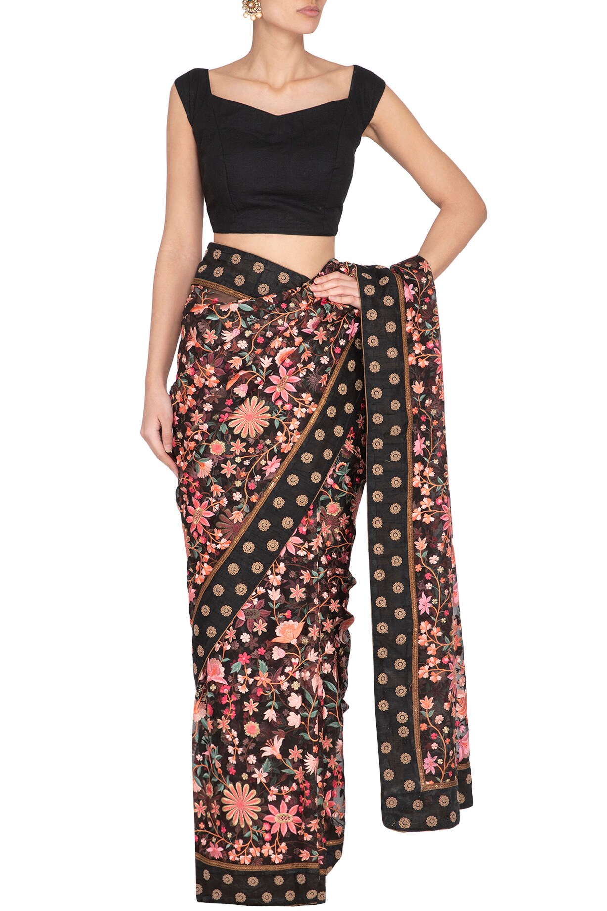 Black Parsi Inspired Thread Embroidery Saree