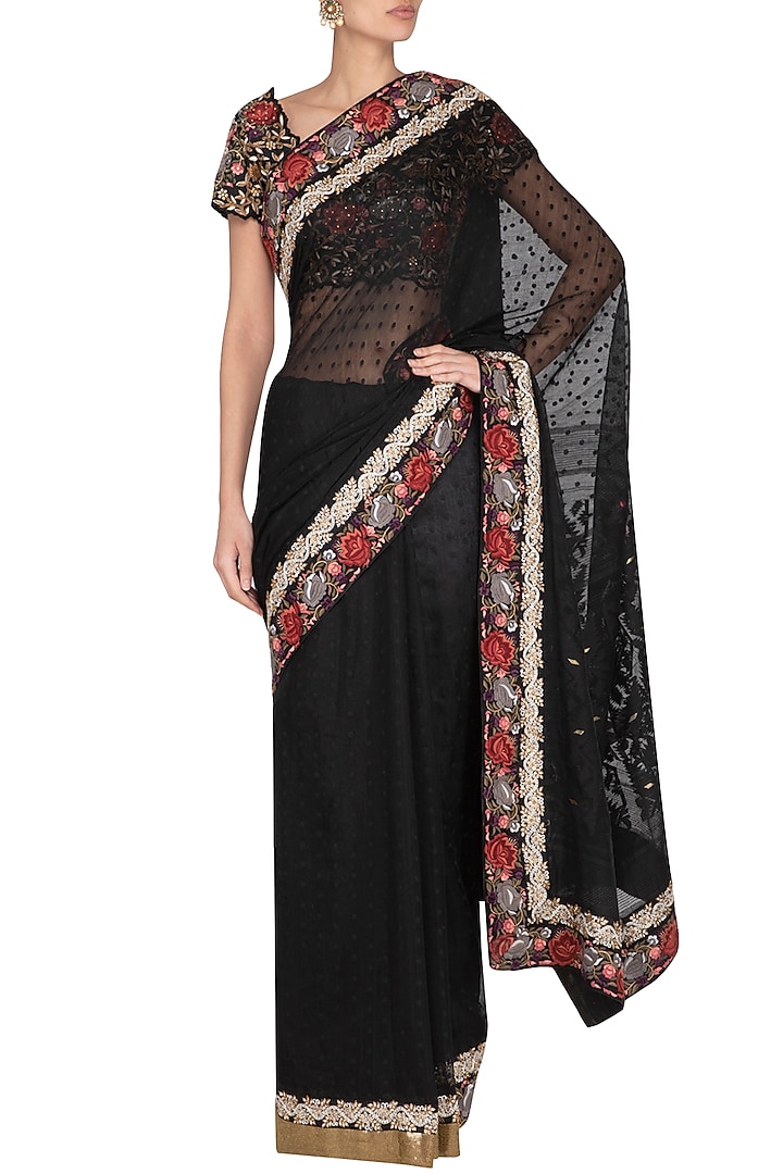 Black Parsi Embroidered Jamdani Wedding Saree Set by Pranay Baidya at Pernia's Pop Up Shop