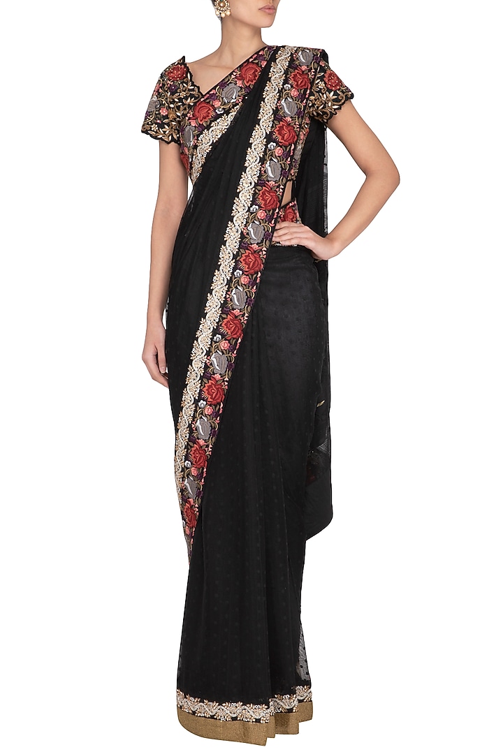 Black Parsi Embroidered Jamdani Wedding Saree Set by Pranay Baidya at Pernia's Pop Up Shop