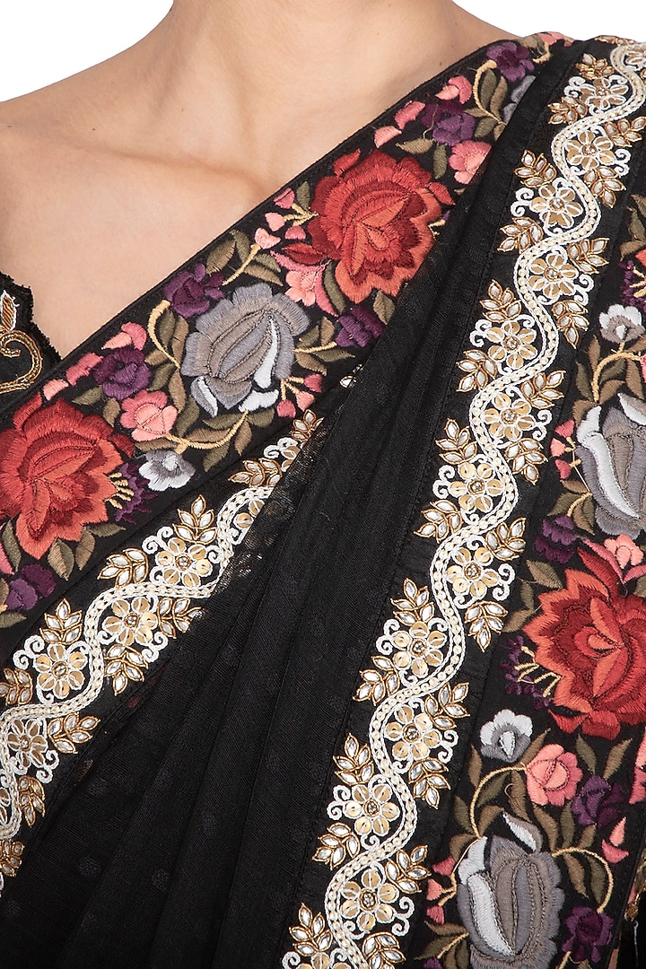 Black Parsi Embroidered Jamdani Wedding Saree Set by Pranay Baidya at Pernia's Pop Up Shop