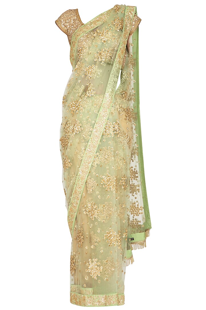 Mint Green Embroidered Saree Set by Pranay Baidya