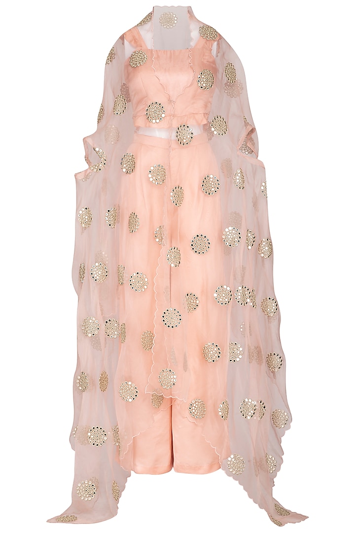 Peach Embellished Cape With Top & Pants by Pranay Baidya