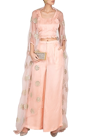 Peach Embellished Cape With Top & Pants by Pranay Baidya
