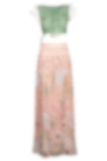 Peach & Green Embroidered Skirt With Ruffled Blouse by Pranay Baidya at Pernia's Pop Up Shop