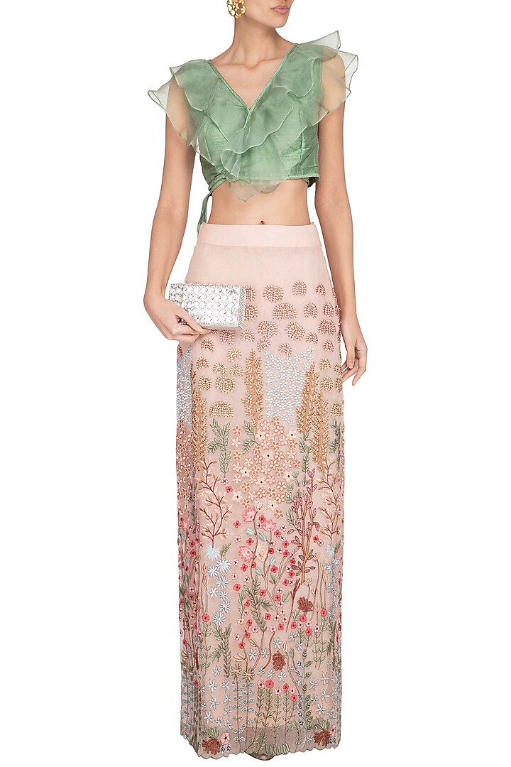 Peach & Green Embroidered Skirt With Ruffled Blouse by Pranay Baidya at Pernia's Pop Up Shop