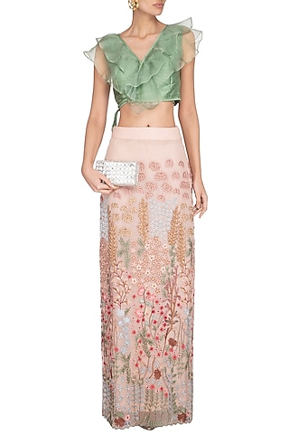 Peach & Green Embroidered Skirt With Ruffled Blouse by Pranay Baidya