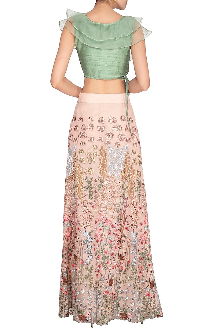 Peach & Green Embroidered Skirt With Ruffled Blouse by Pranay Baidya at Pernia's Pop Up Shop