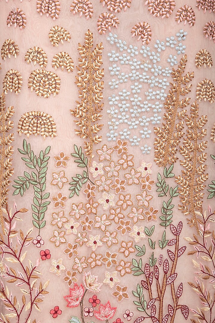 Peach & Green Embroidered Skirt With Ruffled Blouse by Pranay Baidya at Pernia's Pop Up Shop