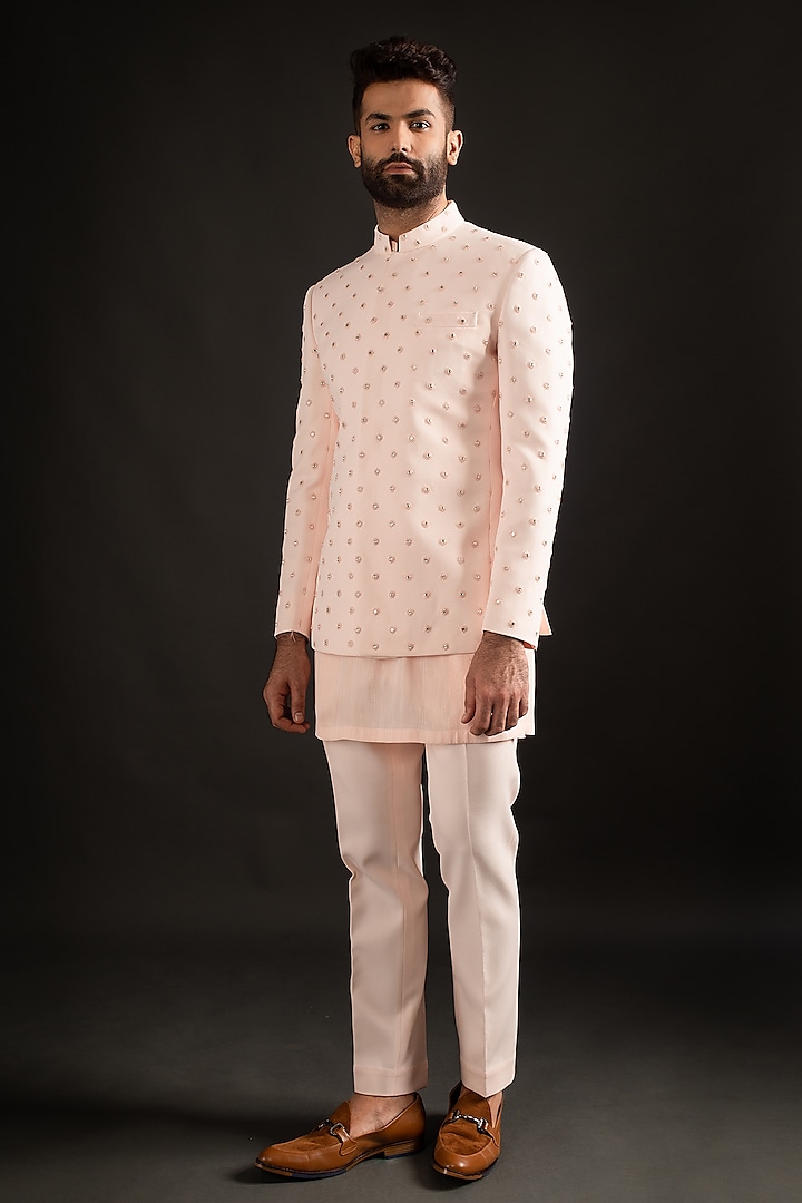 Pastel Peach Hand Embroidered Bandhgala Jacket Set by Prima Czar