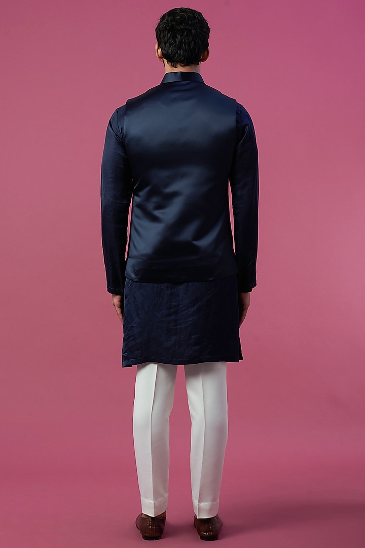 Navy Blue Satin Bundi Jacket Set by Prima Czar at Pernia's Pop Up Shop
