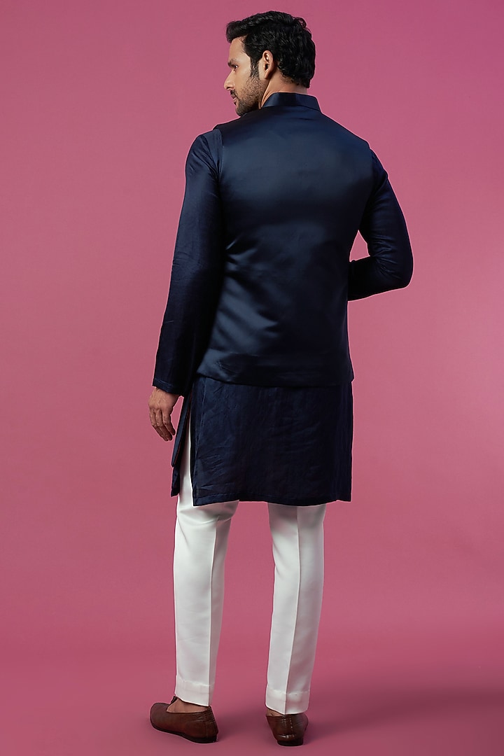 Navy Blue Satin Bundi Jacket Set by Prima Czar at Pernia's Pop Up Shop
