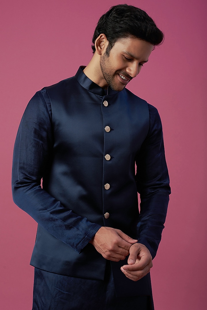 Navy Blue Satin Bundi Jacket Set by Prima Czar at Pernia's Pop Up Shop