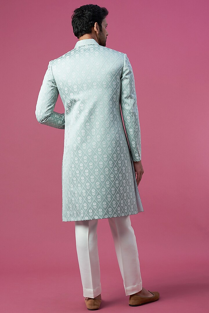 Mint Green Jacquard Wedding Sherwani Set by Prima Czar at Pernia's Pop Up Shop