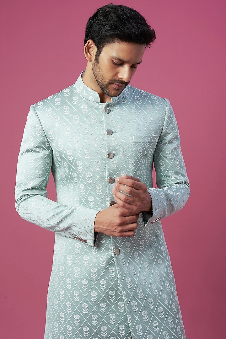 Mint Green Jacquard Wedding Sherwani Set by Prima Czar at Pernia's Pop Up Shop