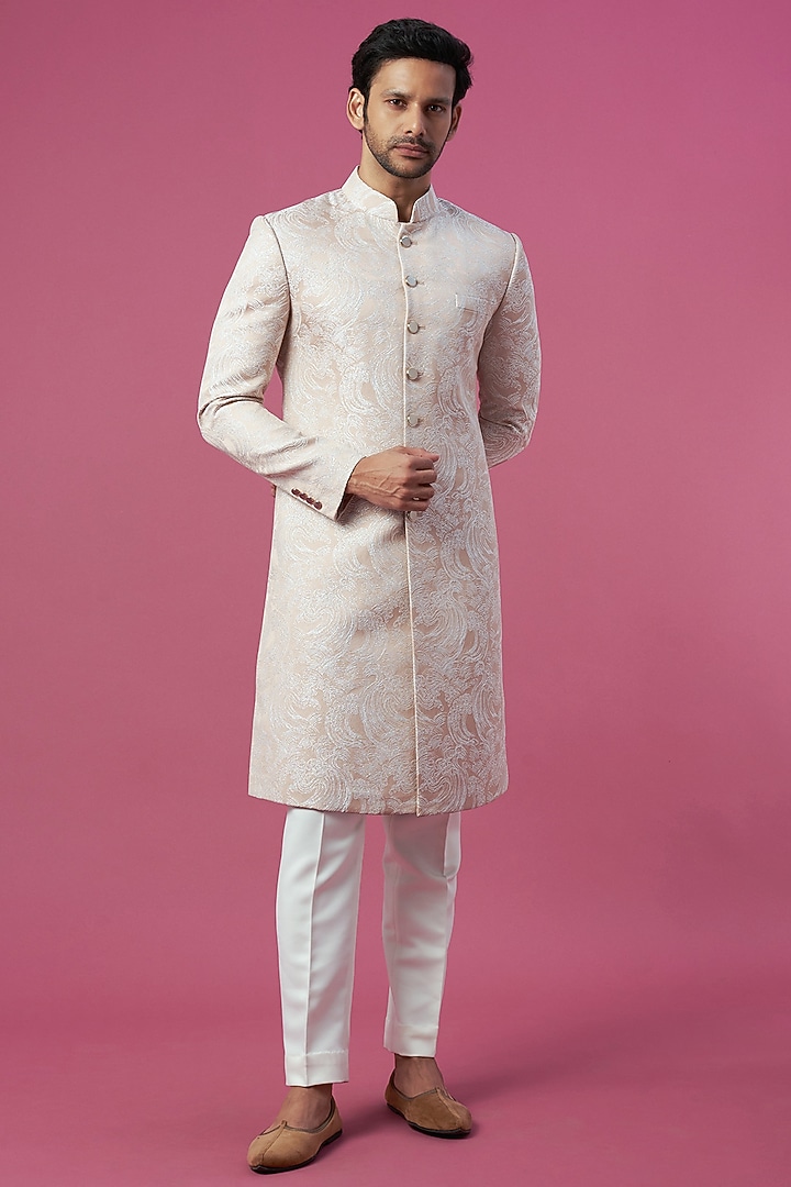 Peach Jacquard Wedding Sherwani Set by Prima Czar at Pernia's Pop Up Shop