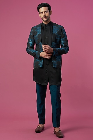 Black Jacquard Indo-Western Set by Prima Czar