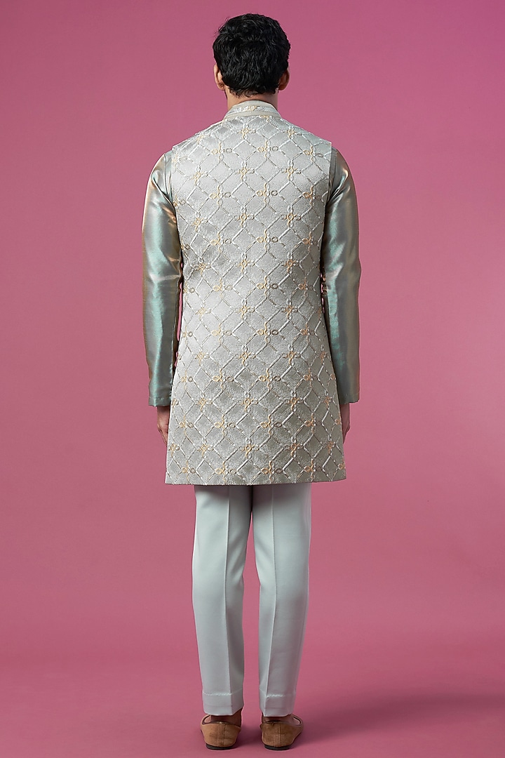 Silver Jacquard Long Bundi Jacket Set by Prima Czar at Pernia's Pop Up Shop