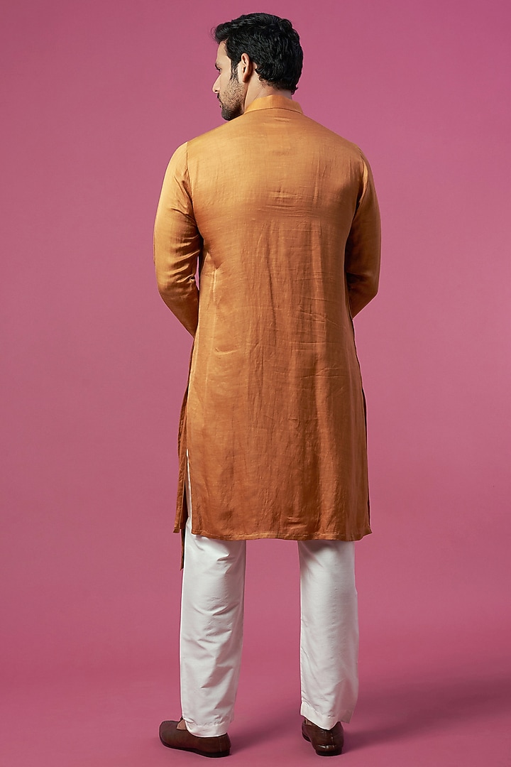 Mustard Linen Satin Kurta by Prima Czar at Pernia's Pop Up Shop
